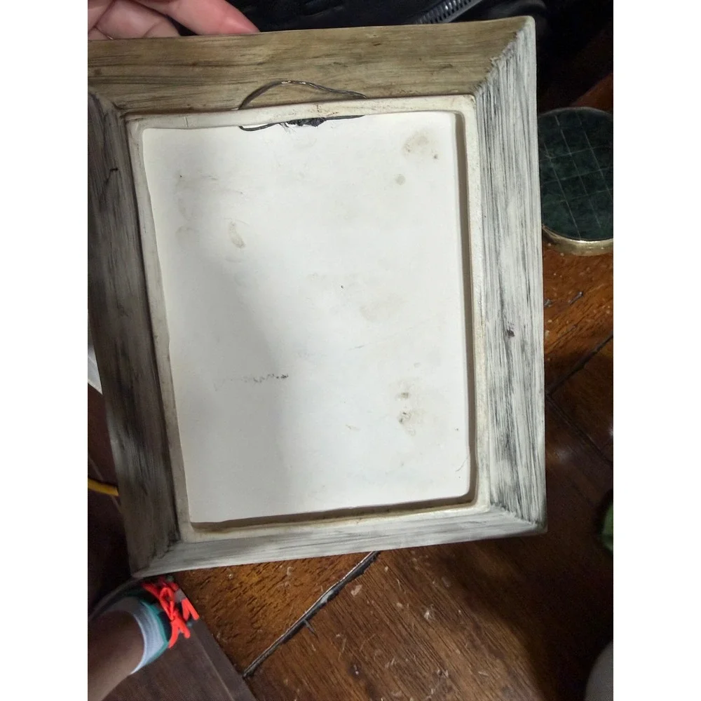 Vintage 3D Ceramic Magnolia Flower Wall Art Plaque Rustic Faux Wood Frame Square